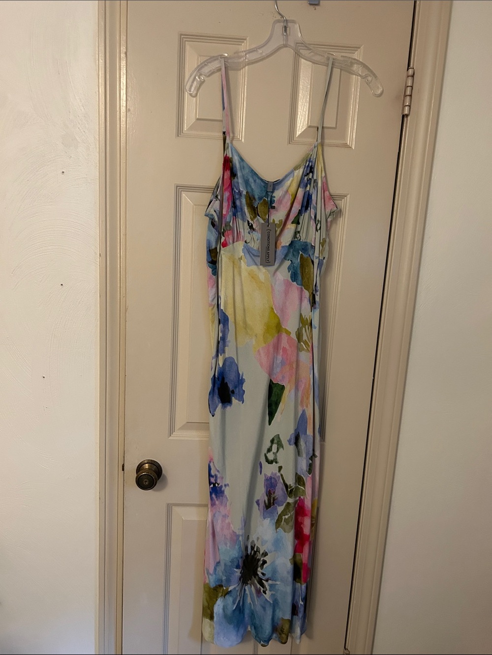 Anthropologie Floral Watercolor Slip Dress in Pastel Blue, Pink, Yellow, Green